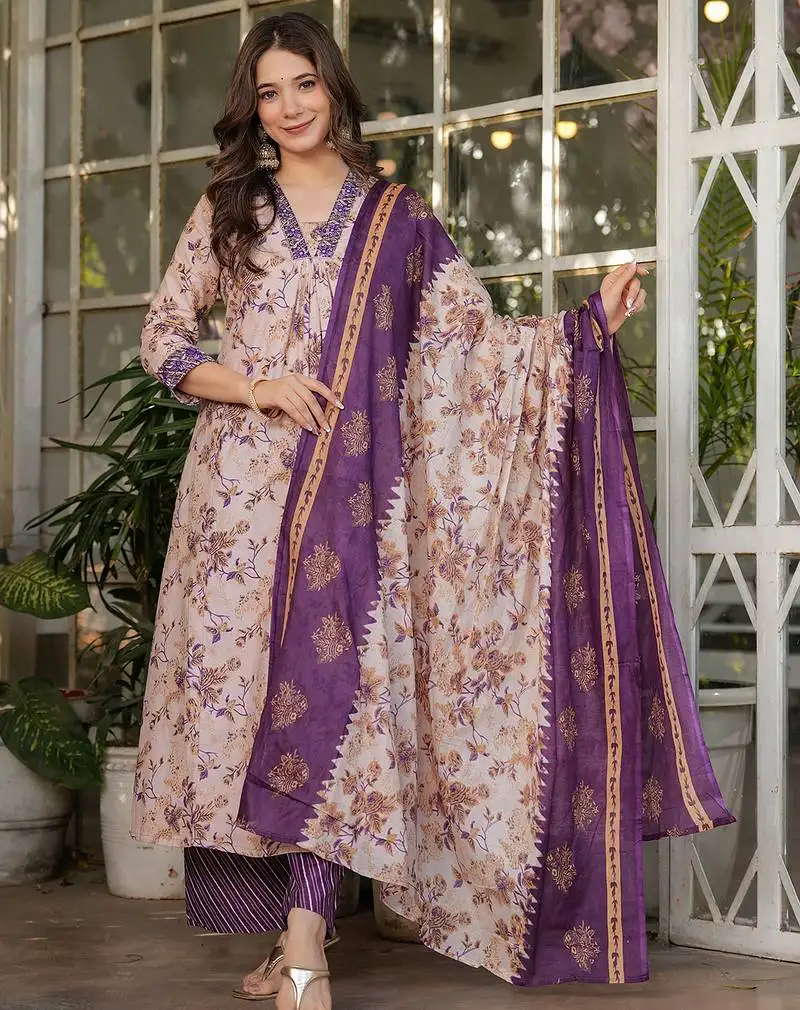 Cream pure cotton print with thread embroidered kurta pant set
