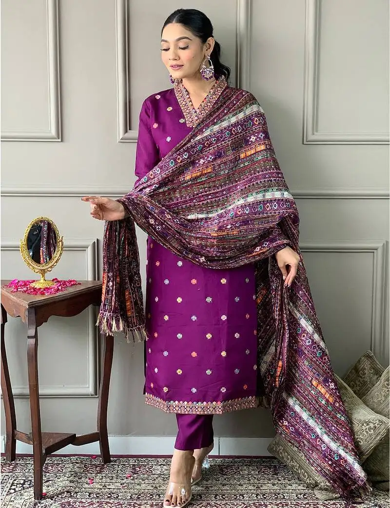 Purple viscose chanderi heavy thread embroidered work kurta pant set