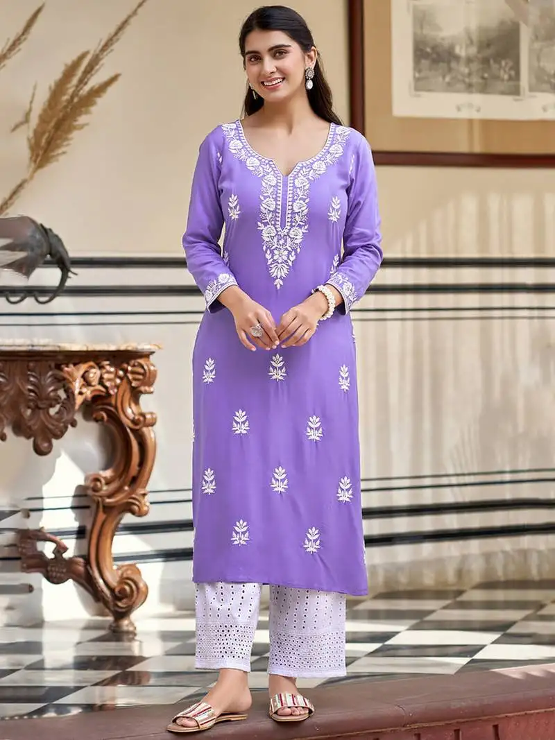 Lavender pure rayon heavy thread embroidered work kurta pant set