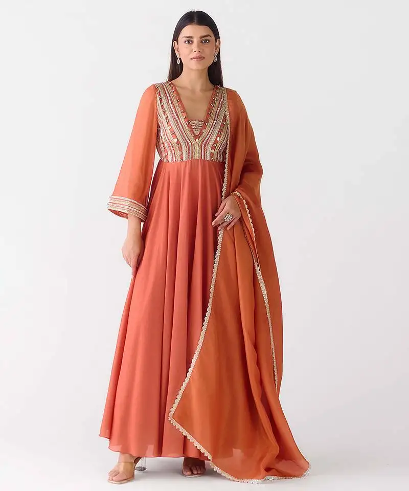 Rust embroidered chanderi anarkali