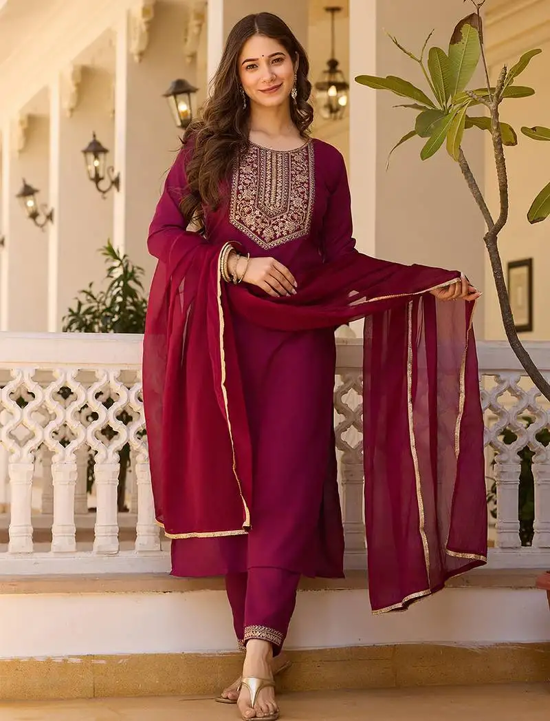 Maroon rayon thread embroidered with sequins work kurta pant set