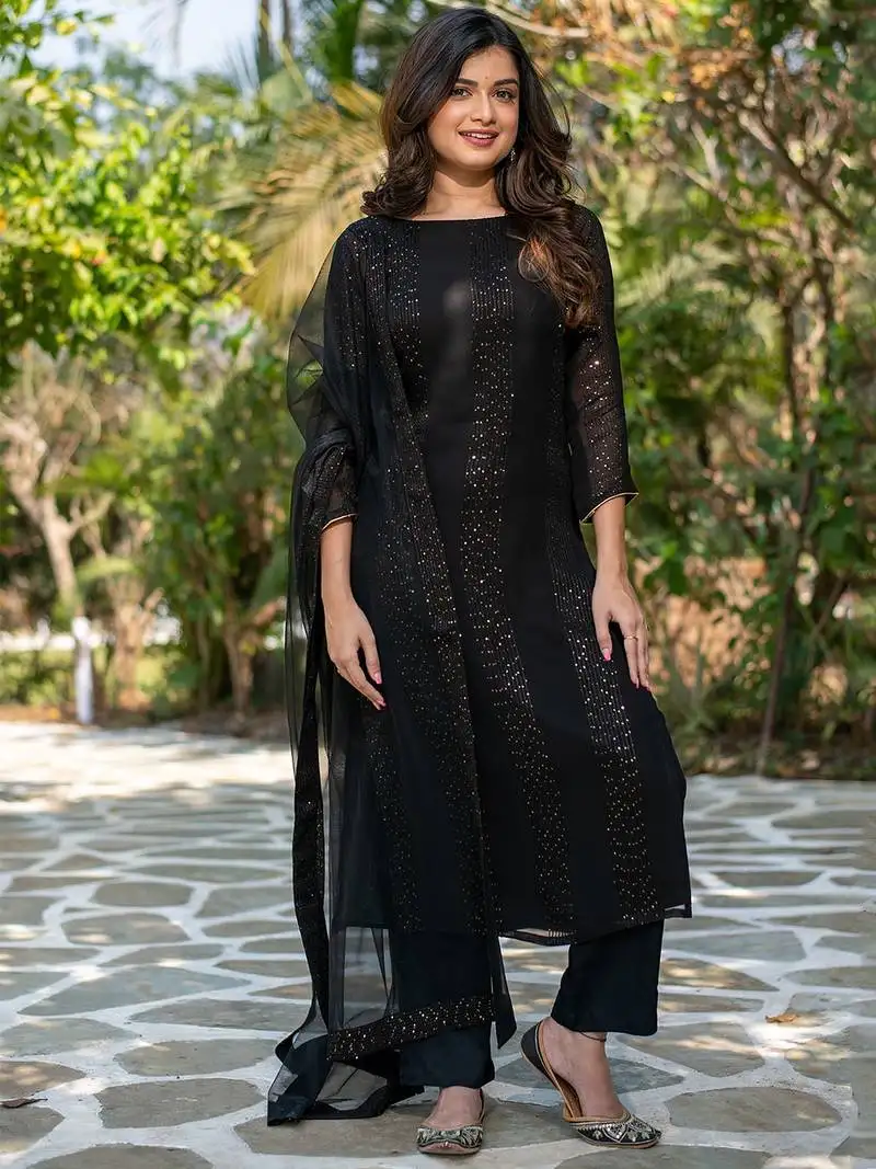Black faux georgette thread embroidered with sequins work kurta pant set