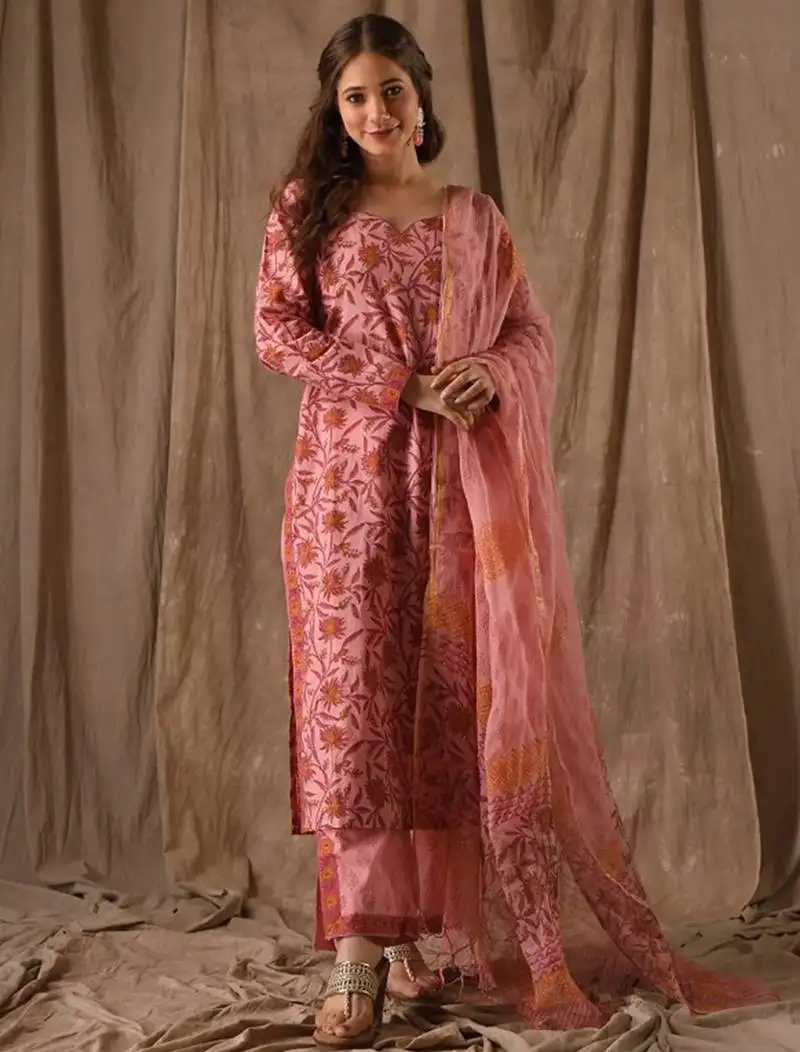 Pink roman linen slub printed kurta pant set
