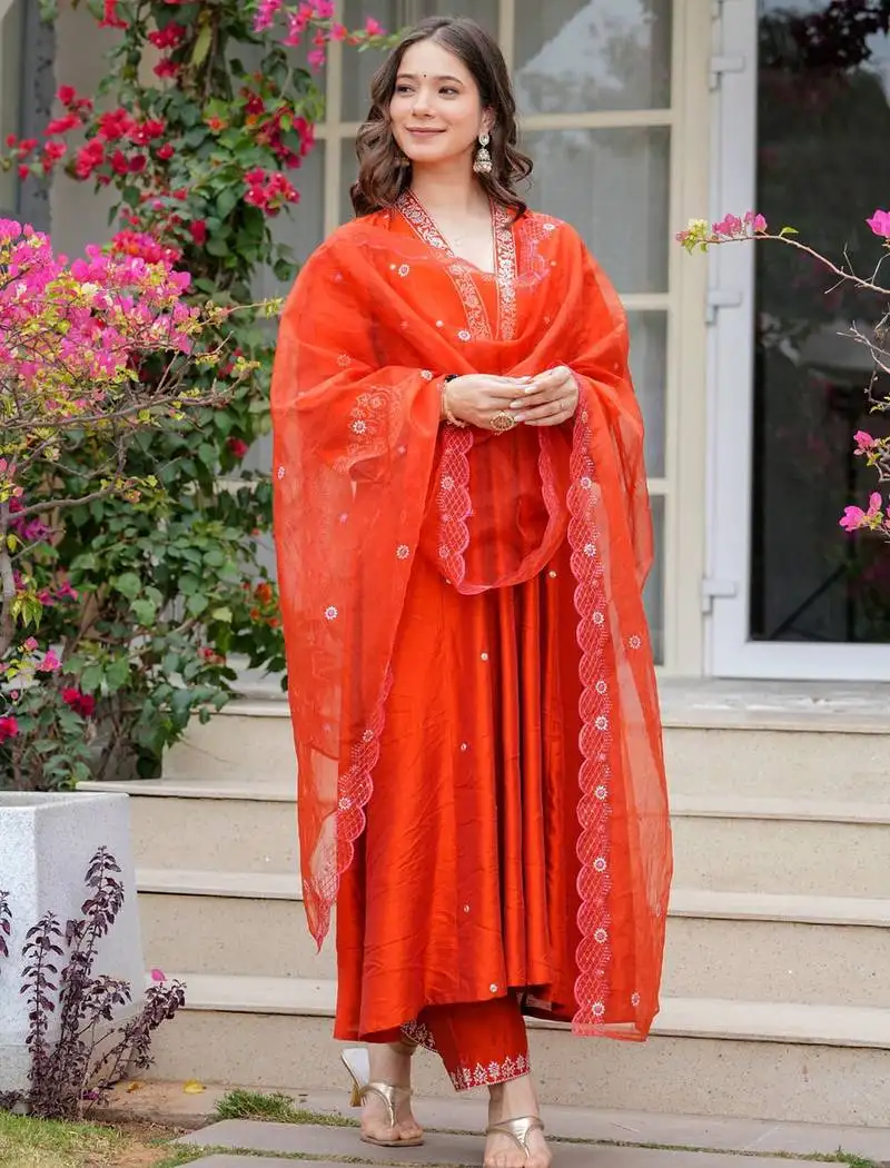 Orange viscose chanderi heavy thread embroidered work kurta pant set
