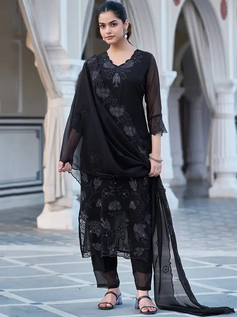 Black fox blooming georgette heavy thread embroidered work kurta pant set
