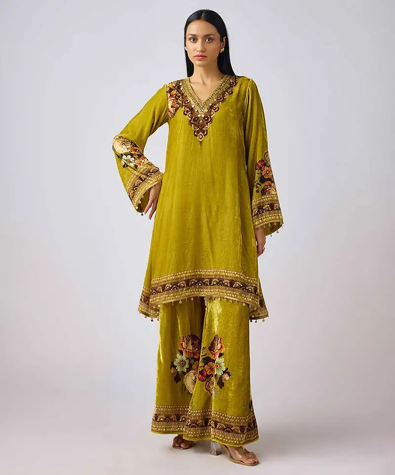 Lime green embroidered velvet kurta set