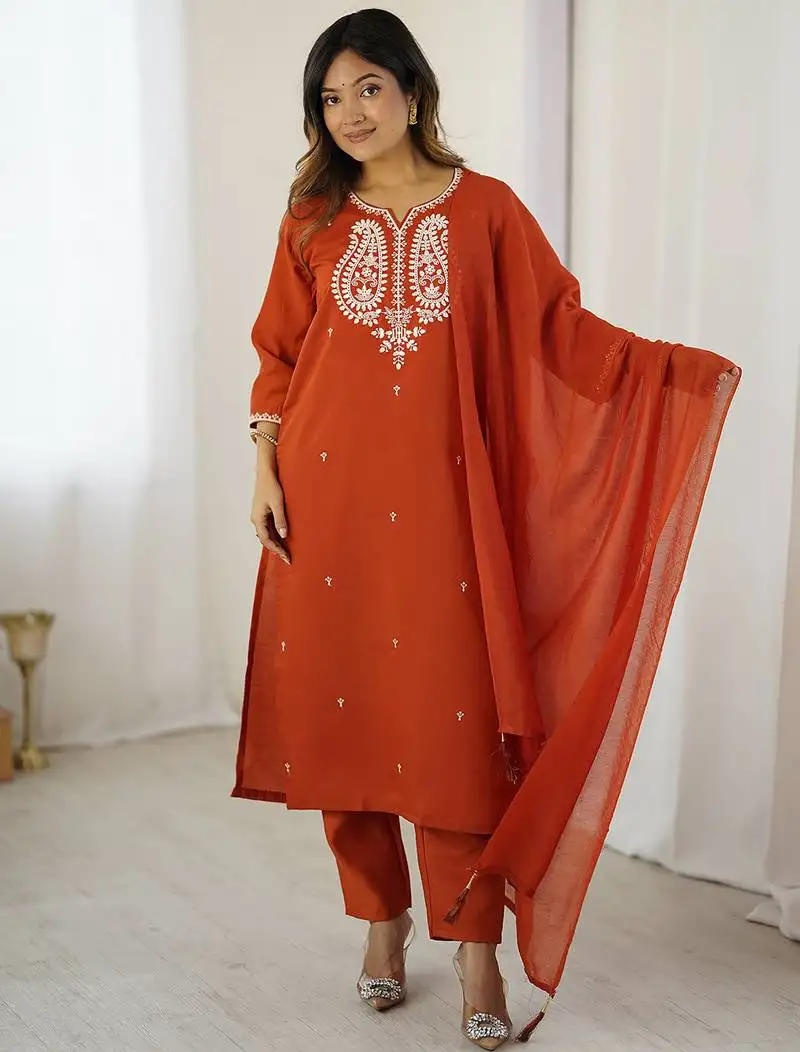 Rust chanderi silk thread embroidered with sequins work kurta pant set