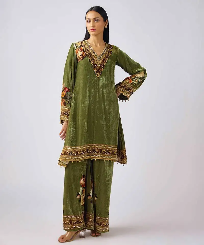 Green embroidered velvet kurta set