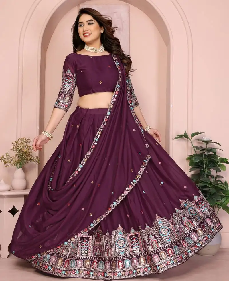 Delightful wine thread and sequins embroidery star georgette designer wedding indian lehenga choli dress
