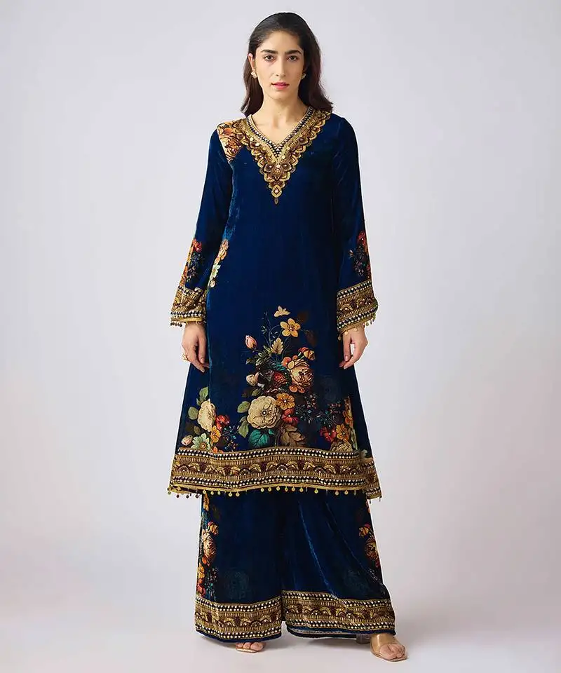 Blue embroidered velvet kurta set
