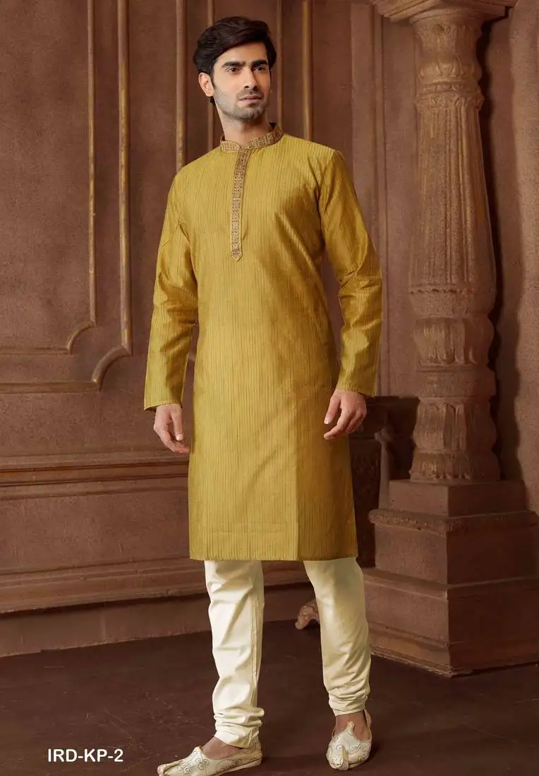 Straight art silk blend strips mehndi green solid collar neck with embroidery kurta payjama