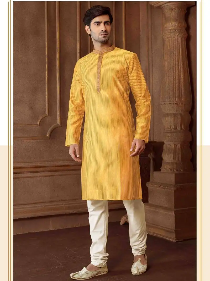 Straight art silk blend strips musturd solid collar neck with embroidery kurta payjama