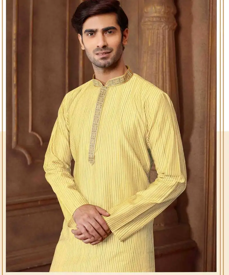 Straight art silk blend strips light yellow solid collar neck with embroidery kurta payjama