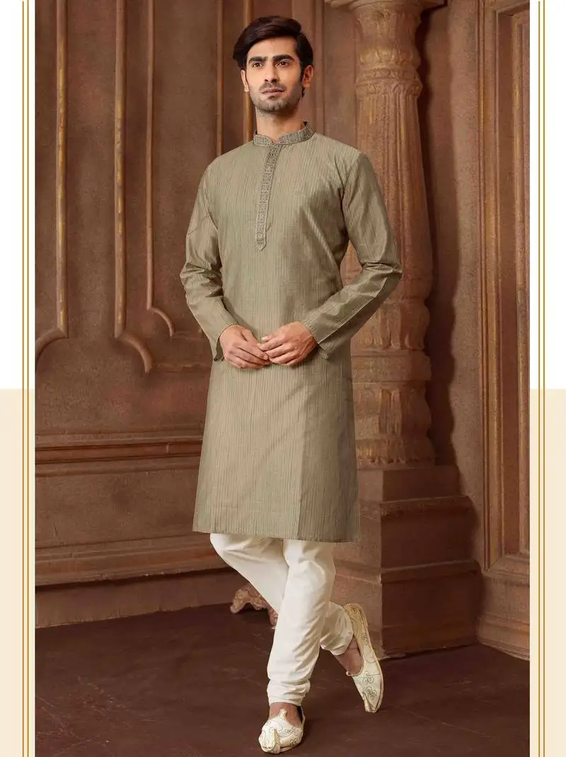Straight art silk blend strips grey solid collar neck with embroidery kurta payjama
