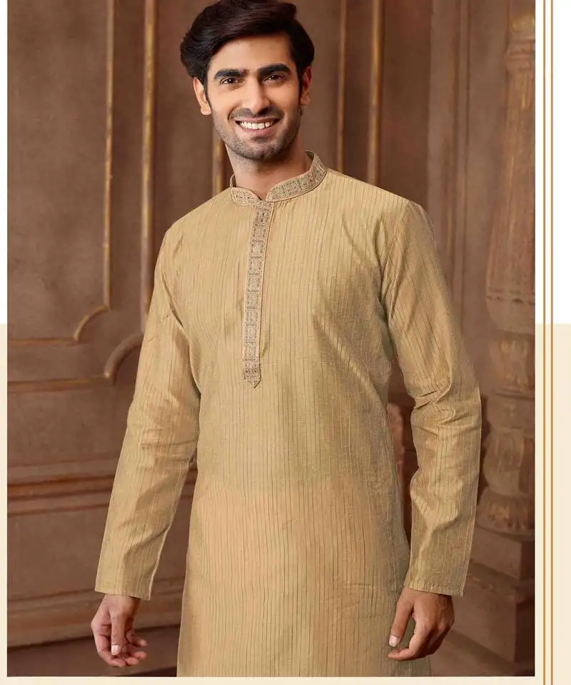 Straight art silk blend strips light grey solid collar neck with embroidery kurta payjama