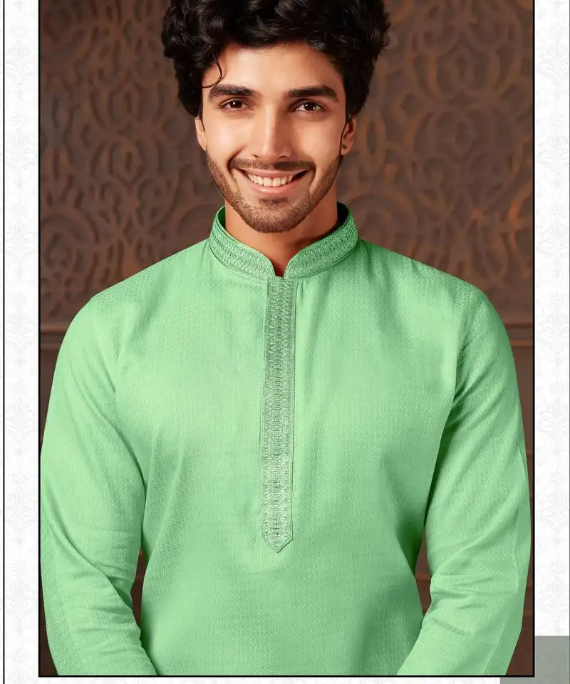 Straight cotton c.green solid collar neck with embroidery kurta payjama