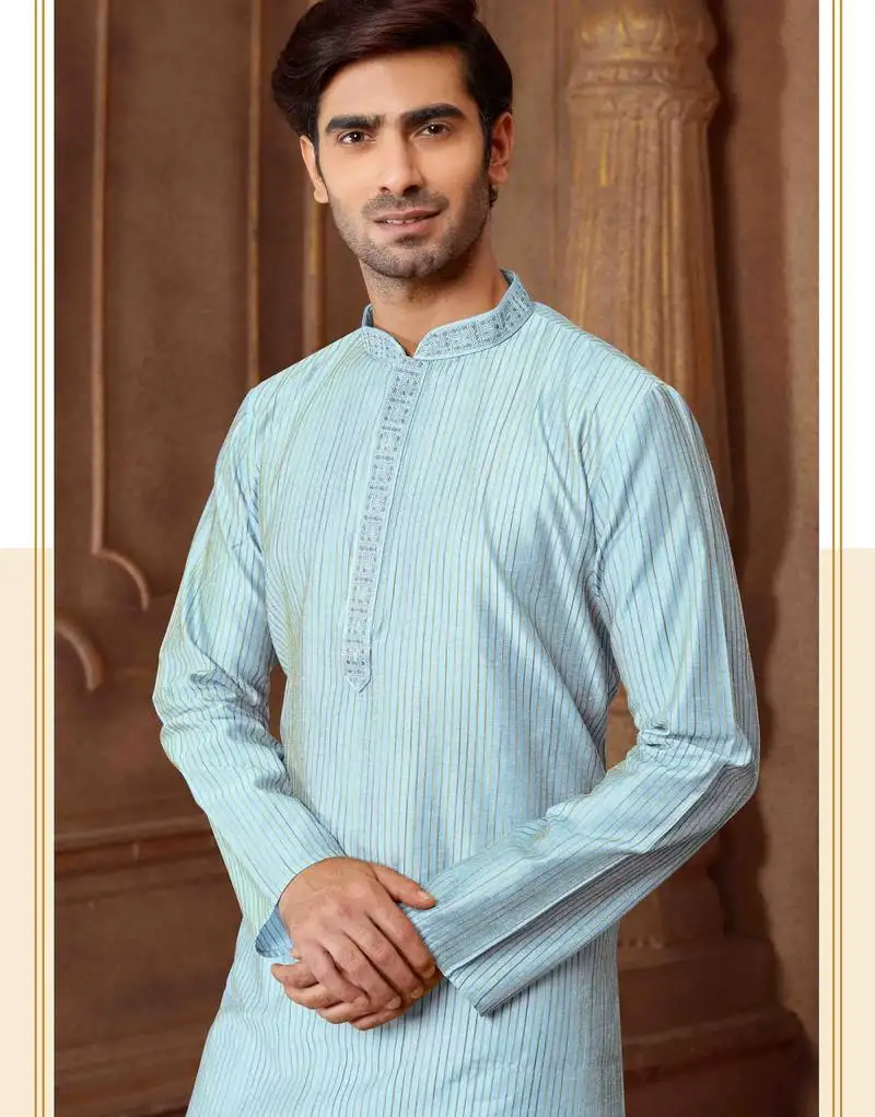 Straight art silk blend strips sky blue solid collar neck with embroidery kurta payjama