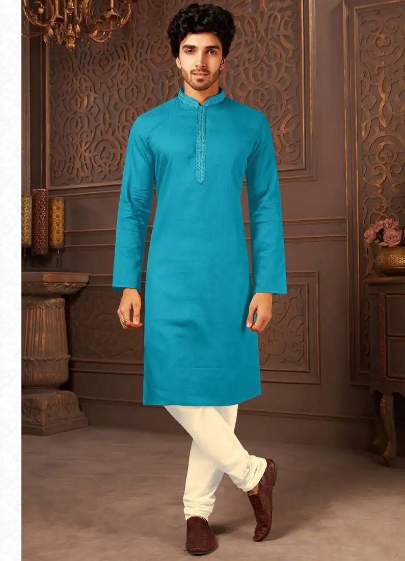 Straight cotton firozi solid collar neck with embroidery kurta payjama
