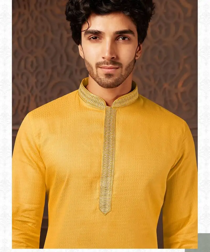 Straight cotton musturd solid collar neck with embroidery kurta payjama