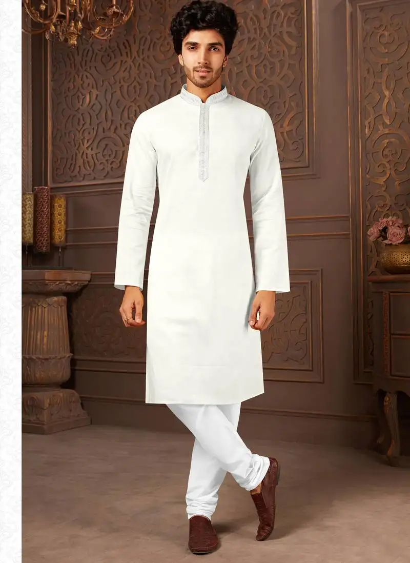 Straight cotton white solid collar neck with embroidery kurta payjama