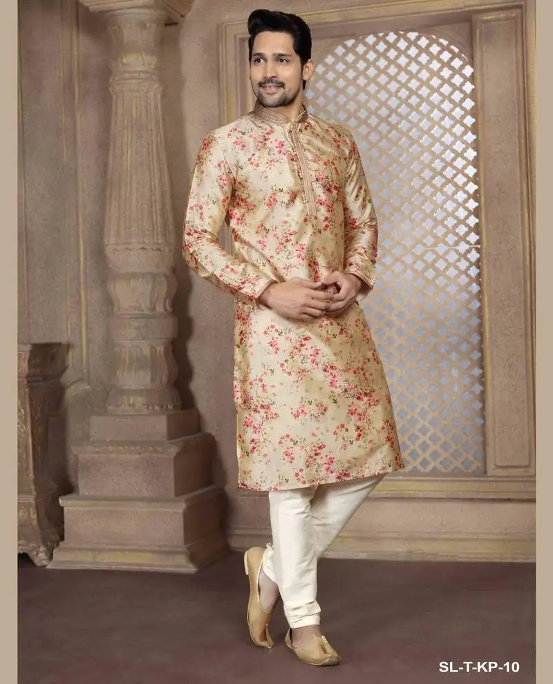 Straight art silk digital print multicolor solid collar neck with embroidery kurta payjama