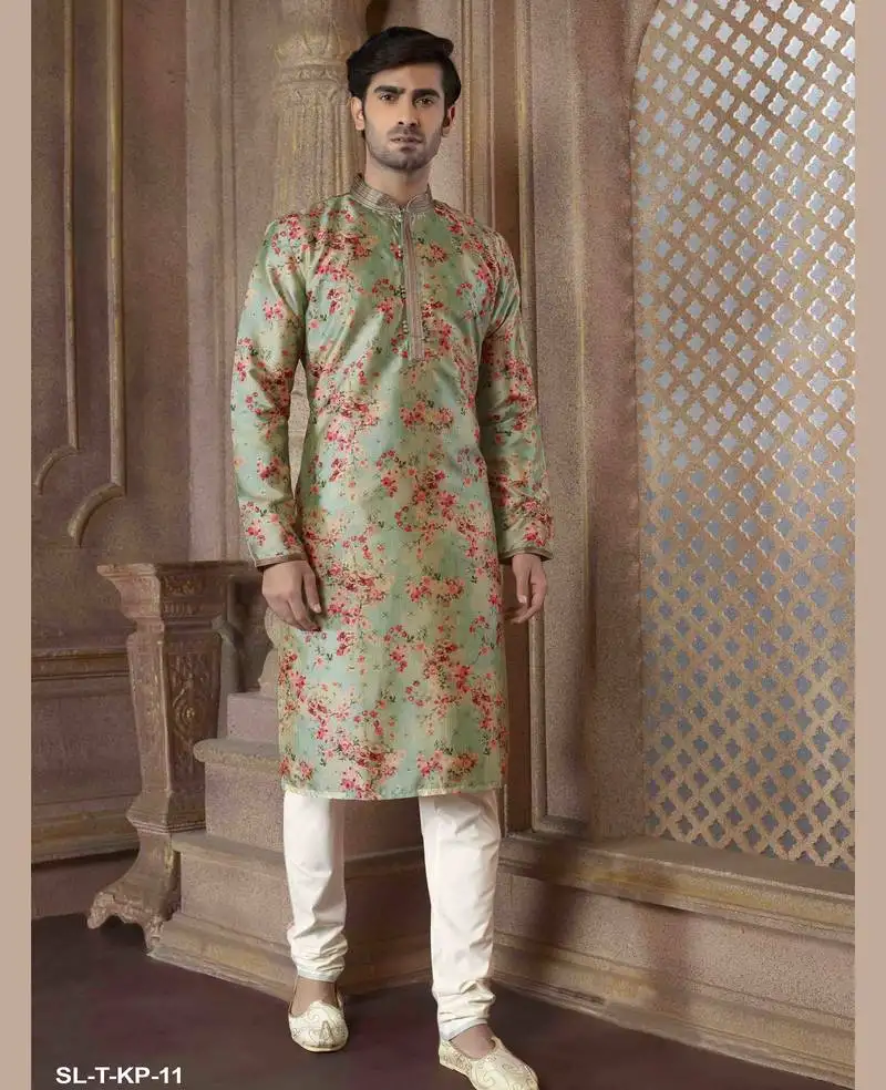 Straight art silk digital print c.green & pink solid collar neck with embroidery kurta payjama