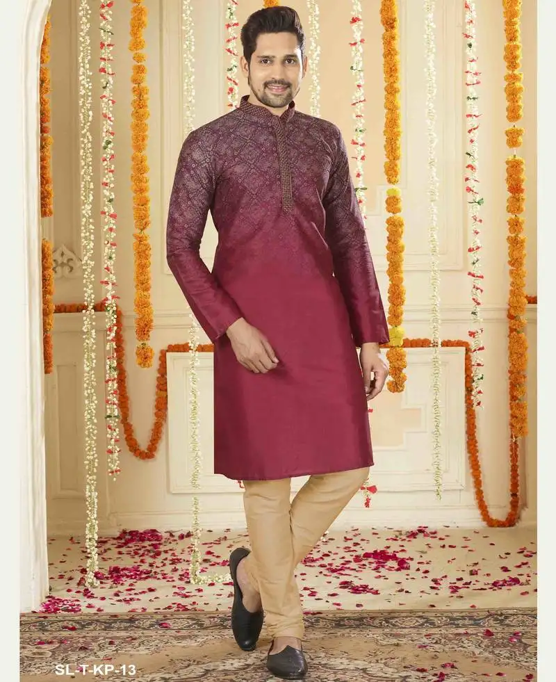 Straight art silk digital print maroon solid collar neck with embroidery kurta payjama