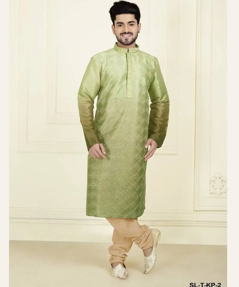 Straight slub silk embroidery green solid collar neck with embroidery kurta payjama