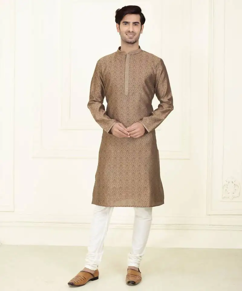 Straight jacquard dark brown solid collar neck with embroidery kurta payjama
