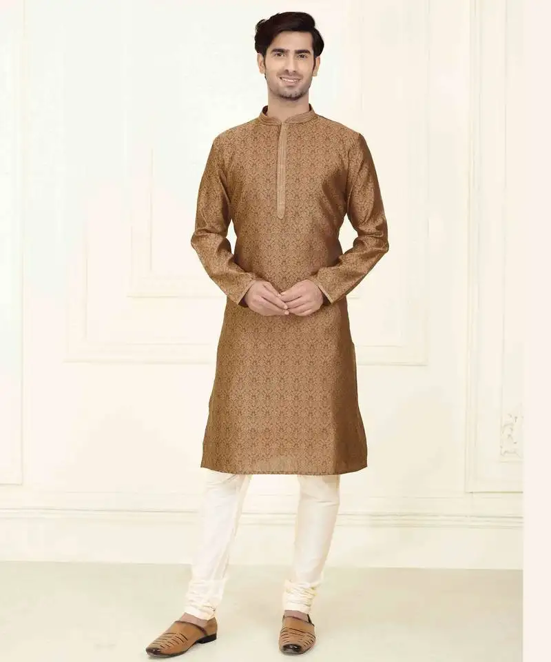 Straight jacquard brown solid collar neck with embroidery kurta payjama