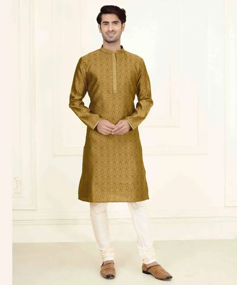 Straight jacquard musturd solid collar neck with embroidery kurta payjama