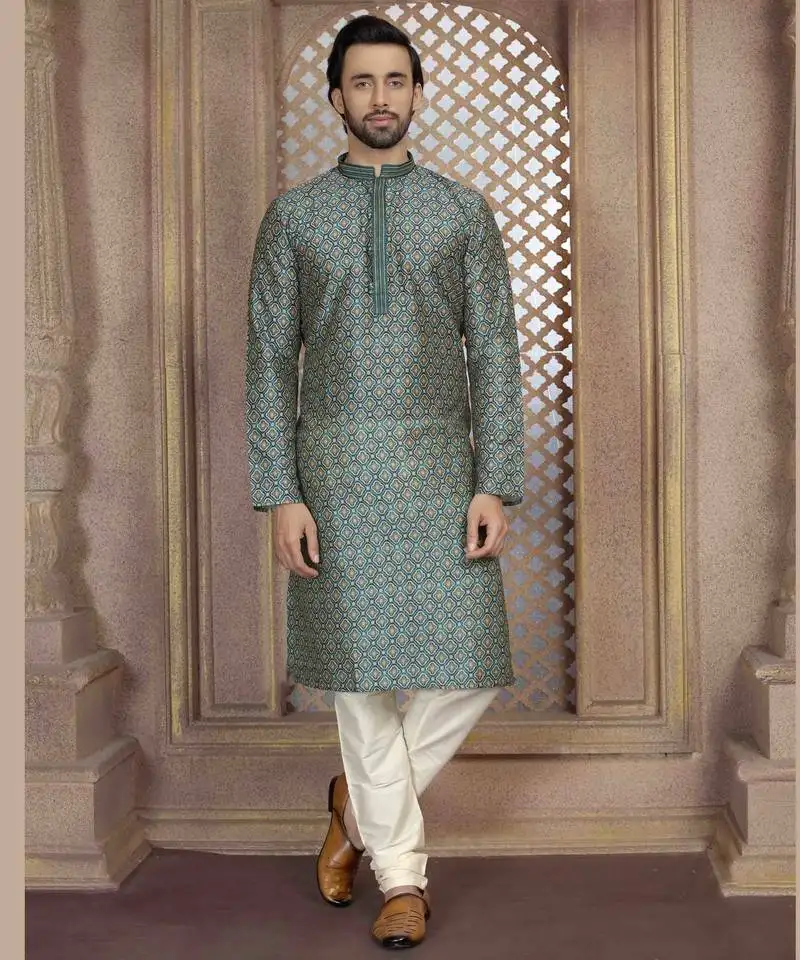 Straight art silk digital print green solid collar neck with embroidery kurta payjama