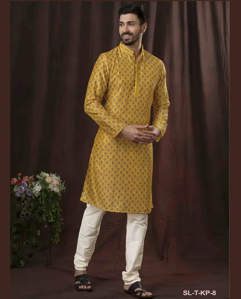 Straight art silk digital print musturd solid collar neck with embroidery kurta payjama