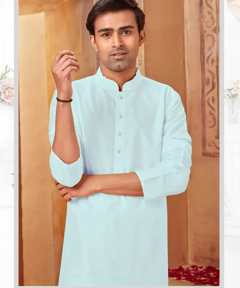 Straight art silk ligtht blue solid collar neck with embroidery kurta payjama