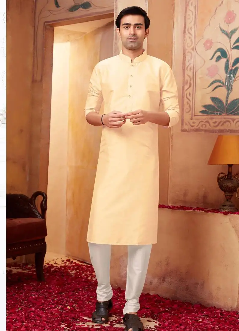 Straight art silk light beige solid collar neck kurta set