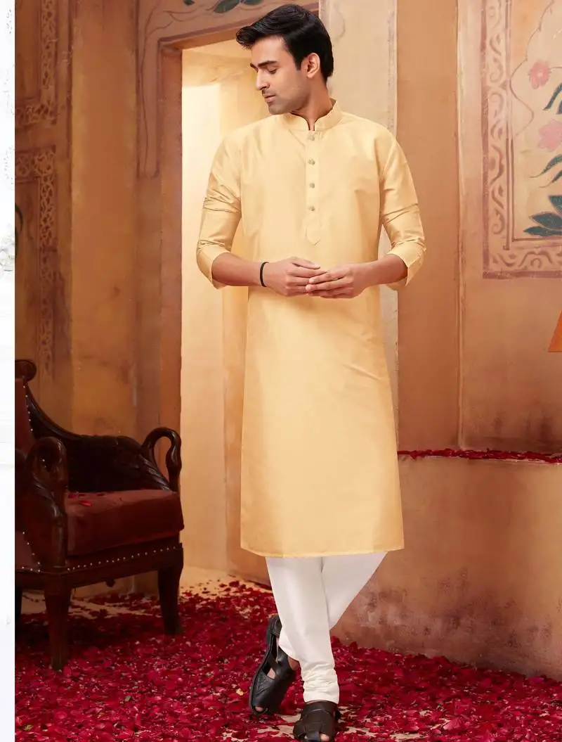 Straight art silk light beige solid collar neck with embroidery kurta payjama