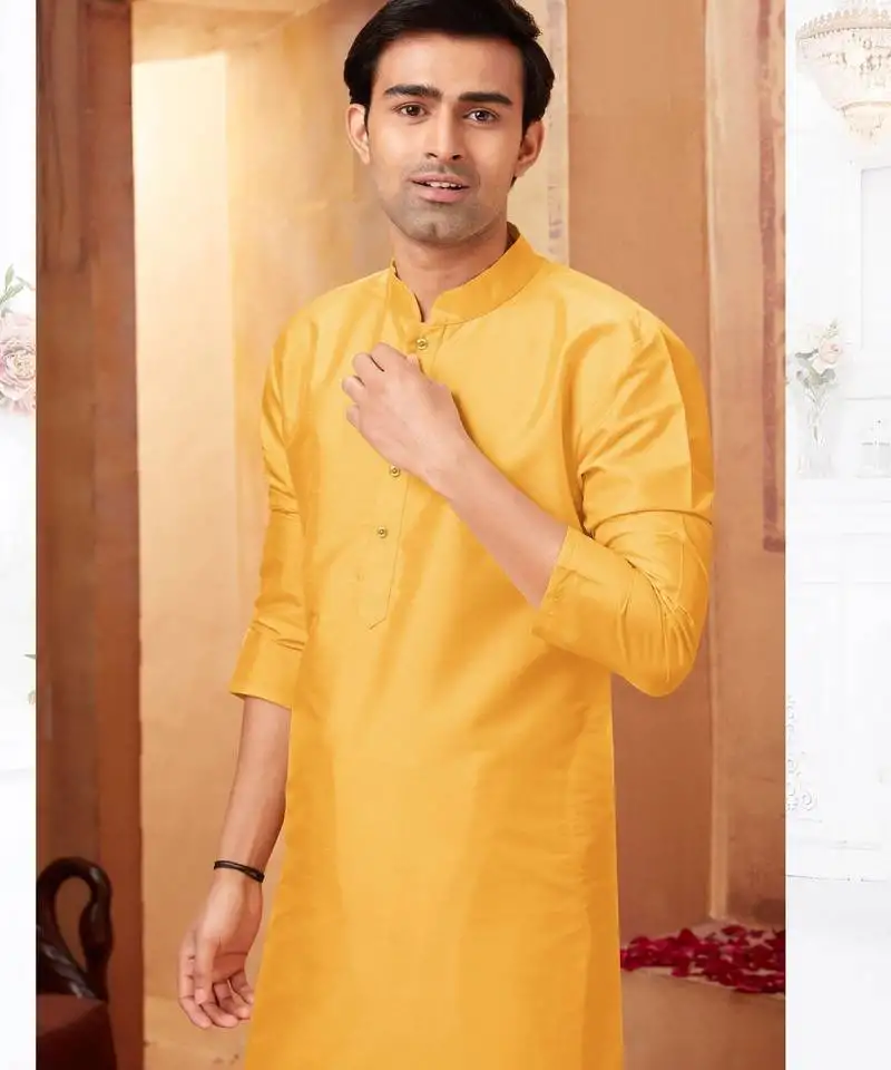 Straight art silk yellow solid collar neck with embroidery kurta payjama