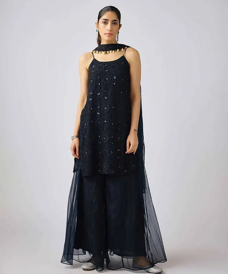 Black embroidered organza kurta set