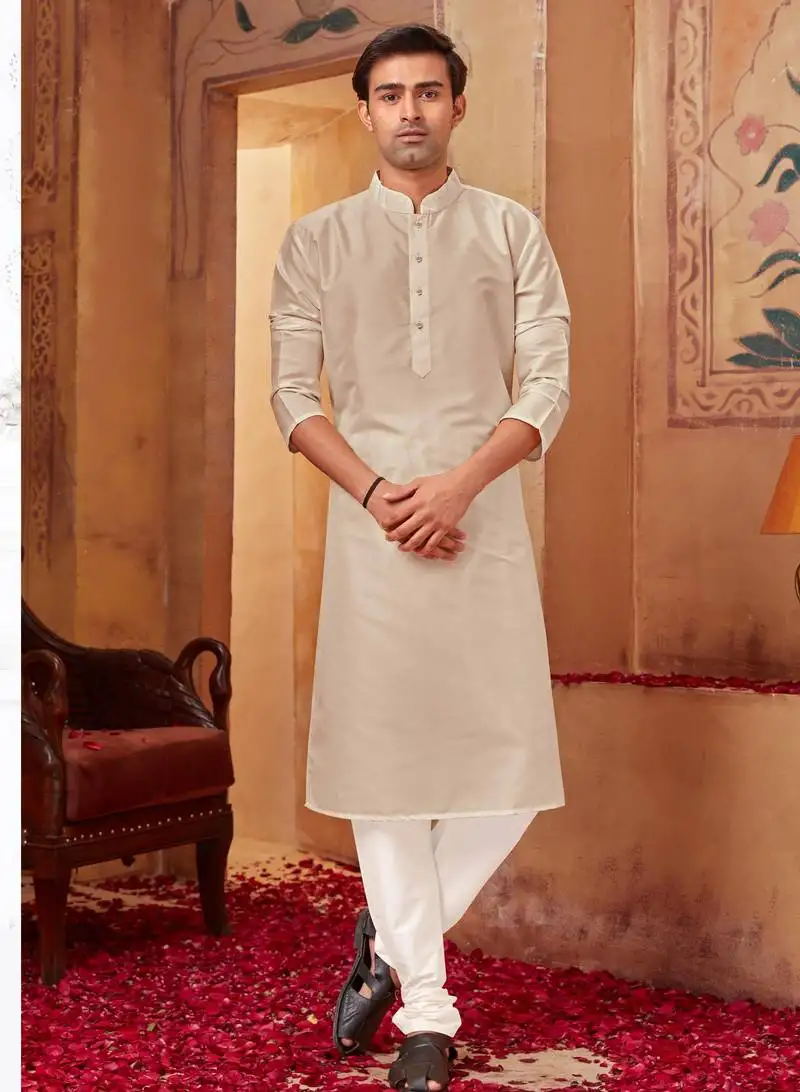 Straight art silk light grey solid collar neck with embroidery kurta payjama