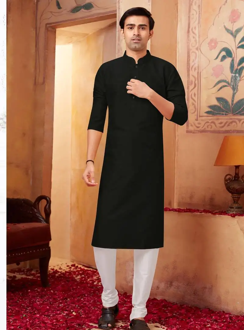 Straight art silk black solid collar neck with embroidery kurta payjama