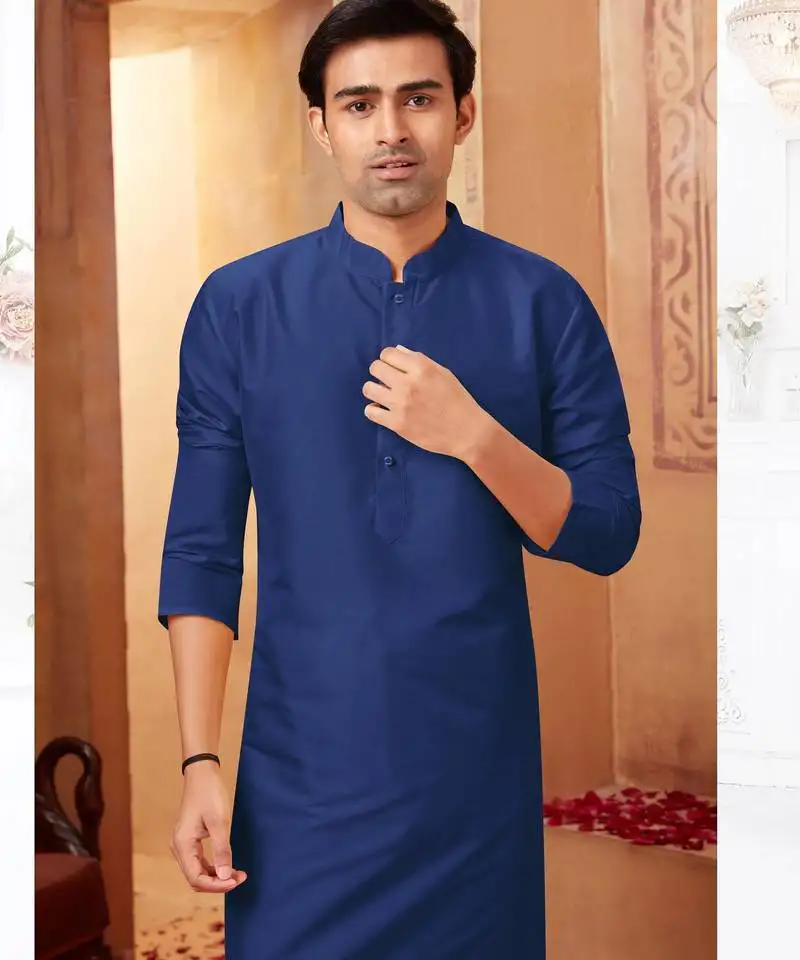 Straight art silk navy blue solid collar neck with embroidery kurta payjama