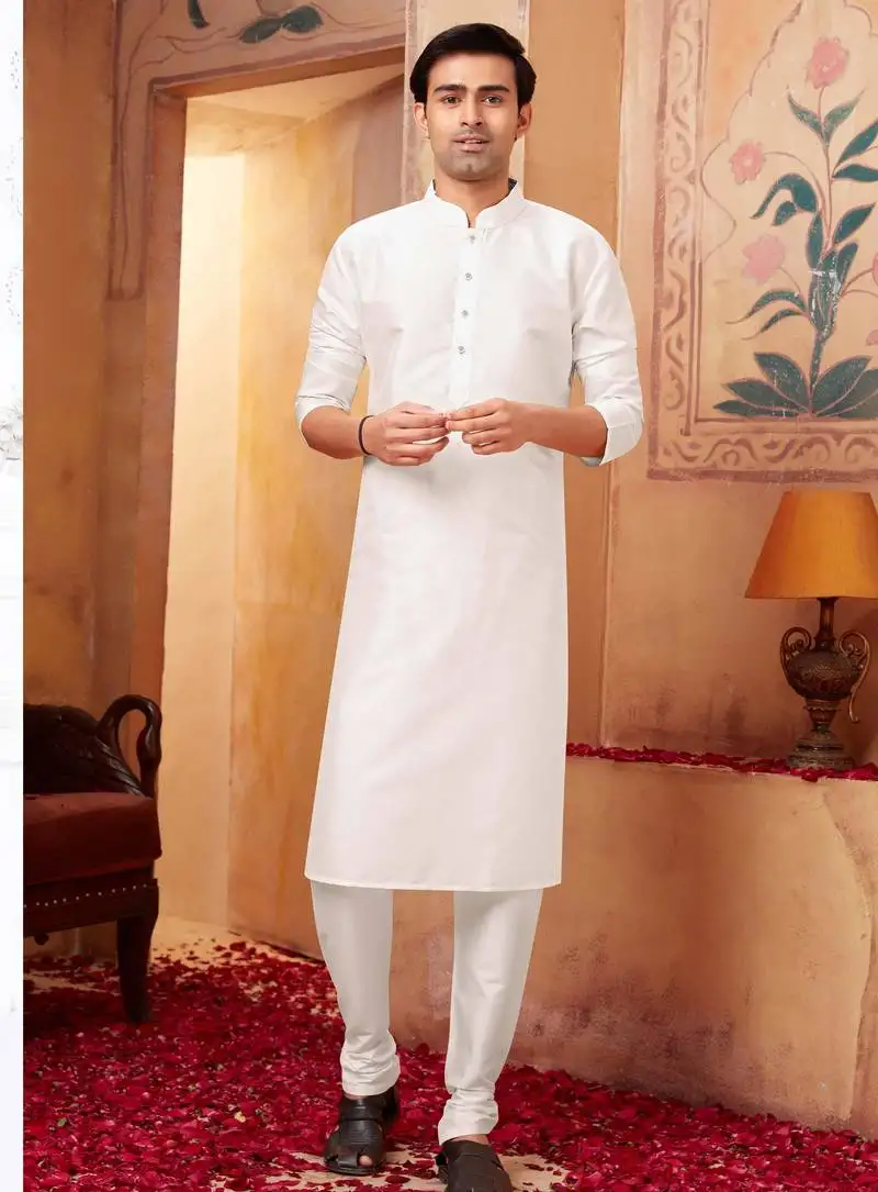 Straight art silk white solid collar neck with embroidery kurta payjama