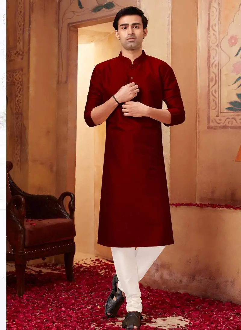 Straight art silk maroon solid collar neck with embroidery kurta payjama