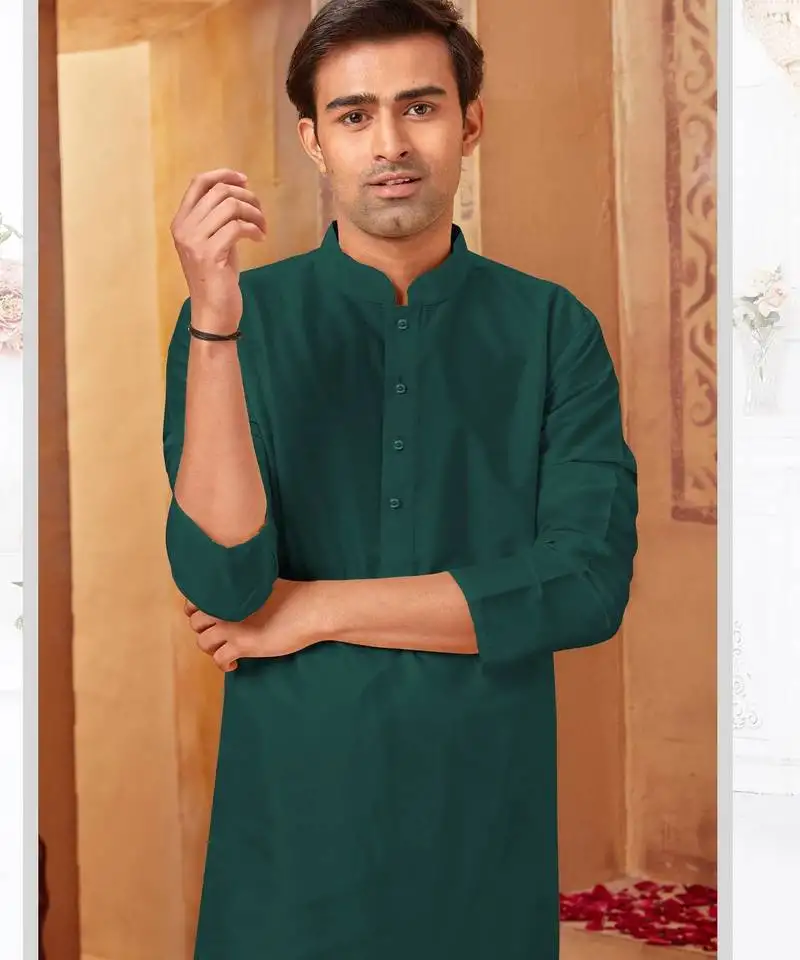 Straight art silk bottle green solid collar neck with embroidery kurta payjama