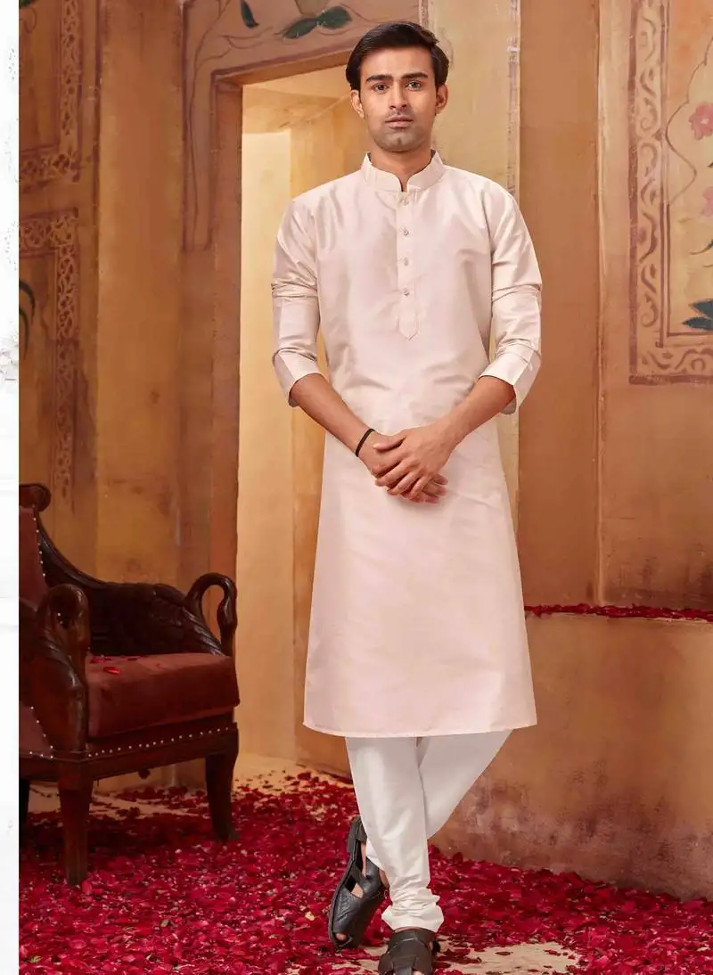 Straight art silk light pink solid collar neck with embroidery kurta payjama