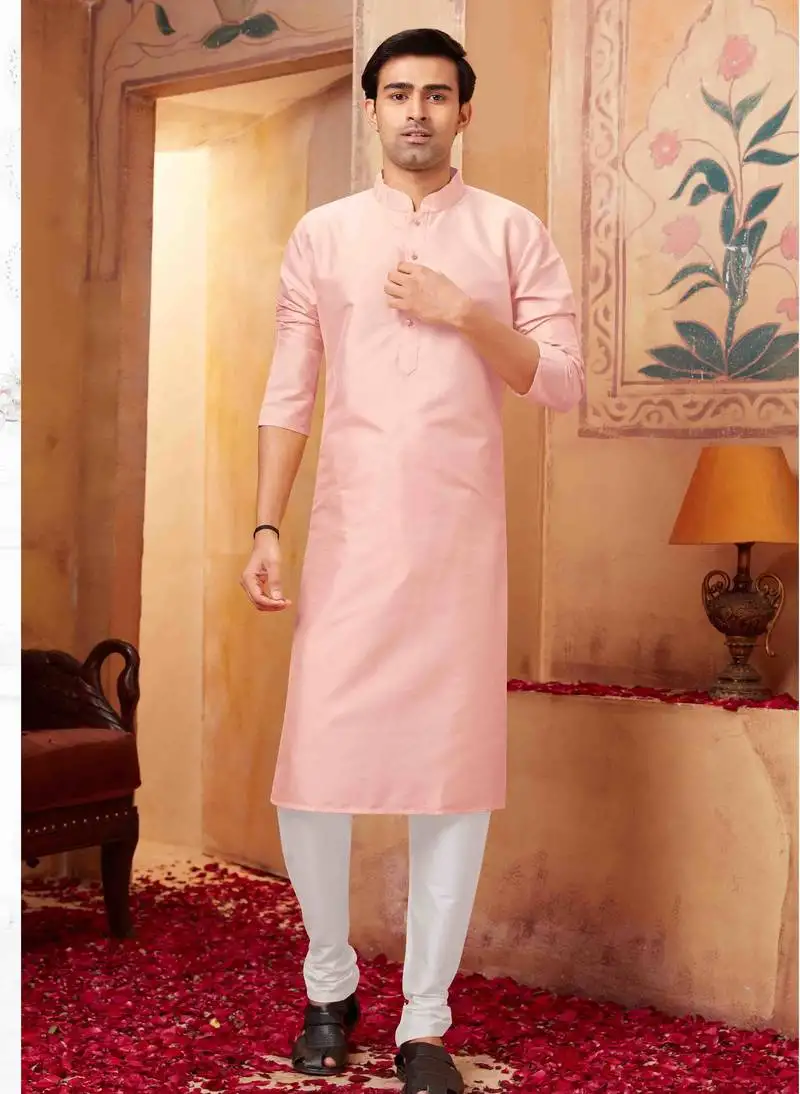 Straight art silk pink solid collar neck with embroidery kurta payjama