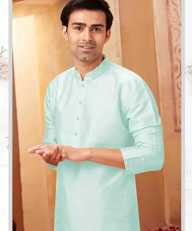 Straight art silk aqua blue solid collar neck with embroidery kurta payjama