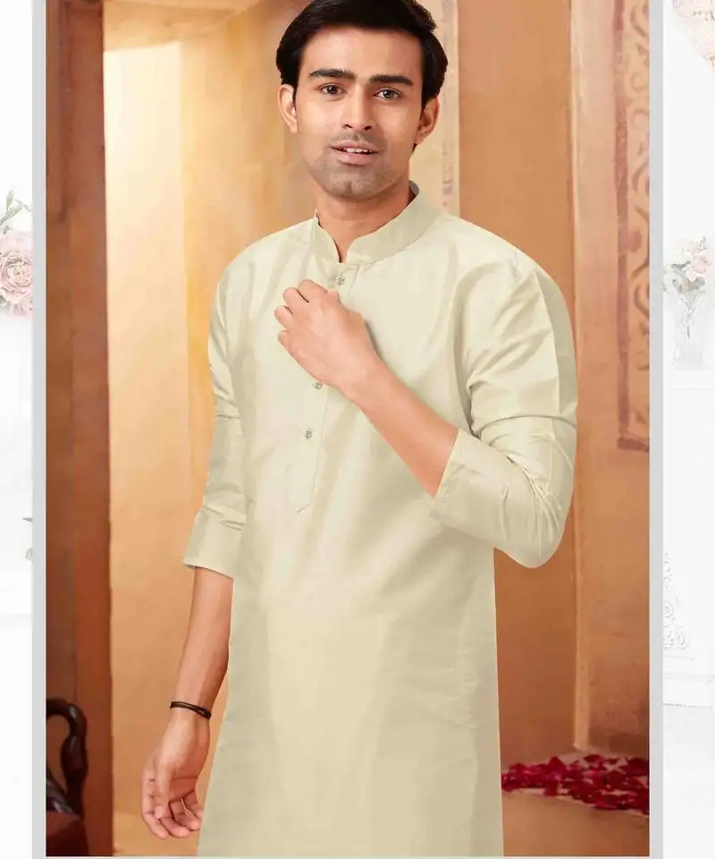 Straight art silk off white solid collar neck with embroidery kurta payjama