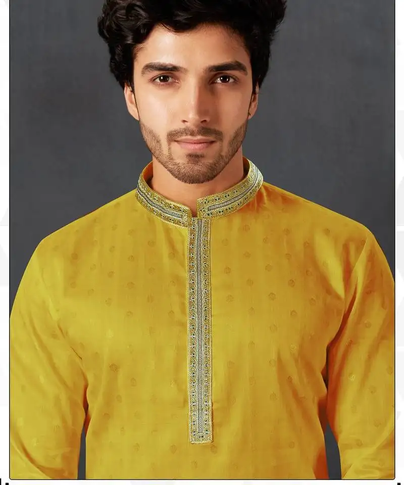 Straight cotton yellow solid collar neck with embroidery kurta payjama