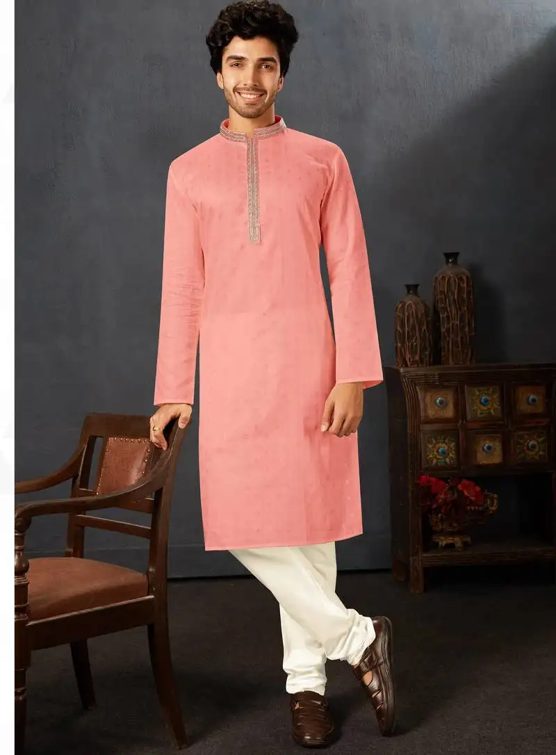 Straight cotton baby pink solid collar neck with embroidery kurta payjama